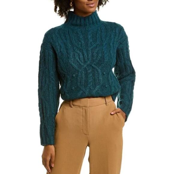 VINCE Interlaced Cable Knit Turtleneck Sweater Alpaca Dark Malachite Teal {R48} - Picture 1 of 6